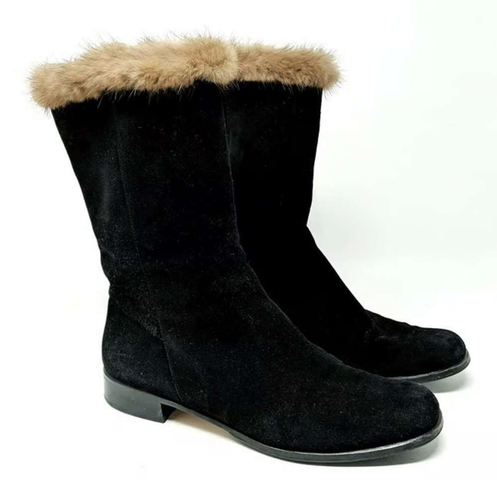 Salvatore Ferragamo Black Suede Boots with Real Mink Fur Trim